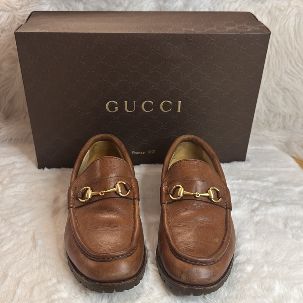 Gucci Men's Loafer with Horsebit Chestnut 42 + Shoebox, Dust Bag & Shopping Bag